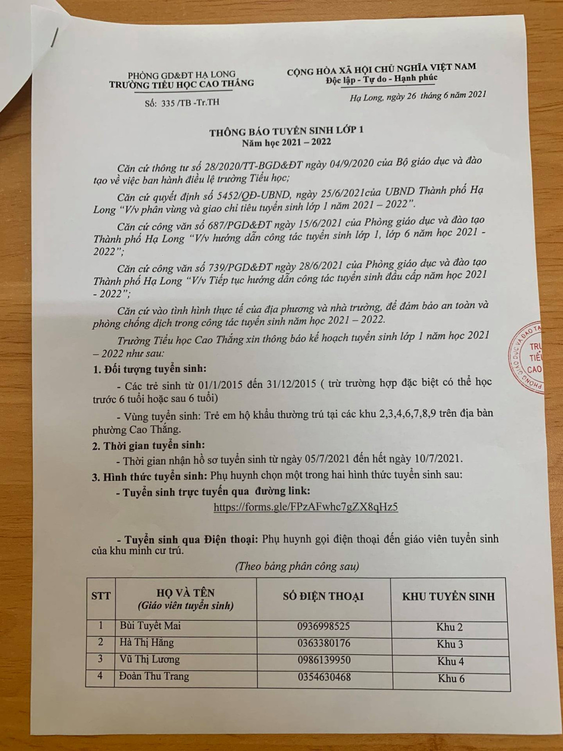 Thông báo tuyển sinh lớp 1- Năm học 2021 – 2022