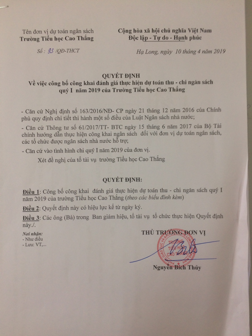 Công khai tài chính năm 2019