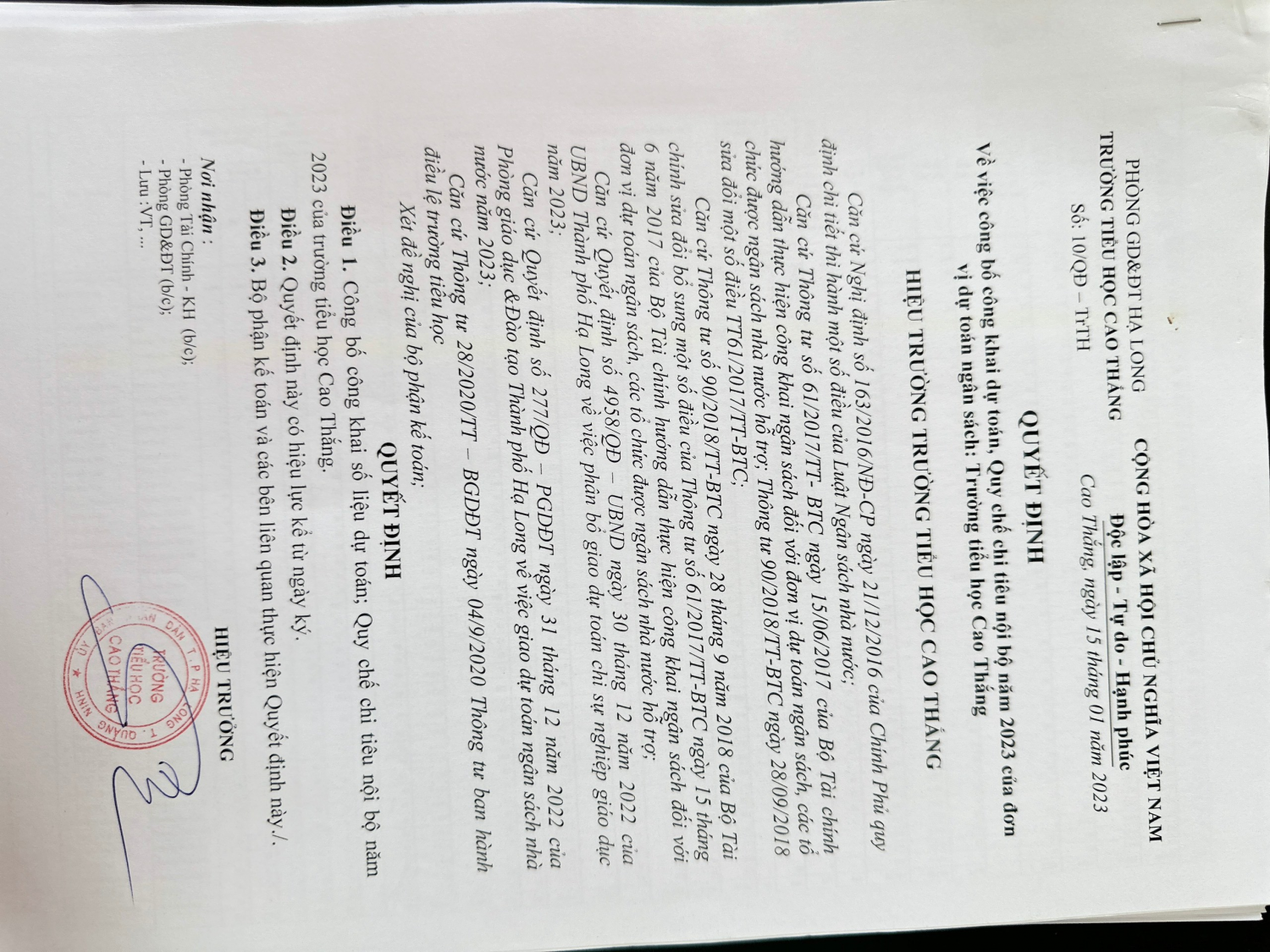 Quyết định công khai dự toán, Quy chế chi tiêu nội bộ năm 2023