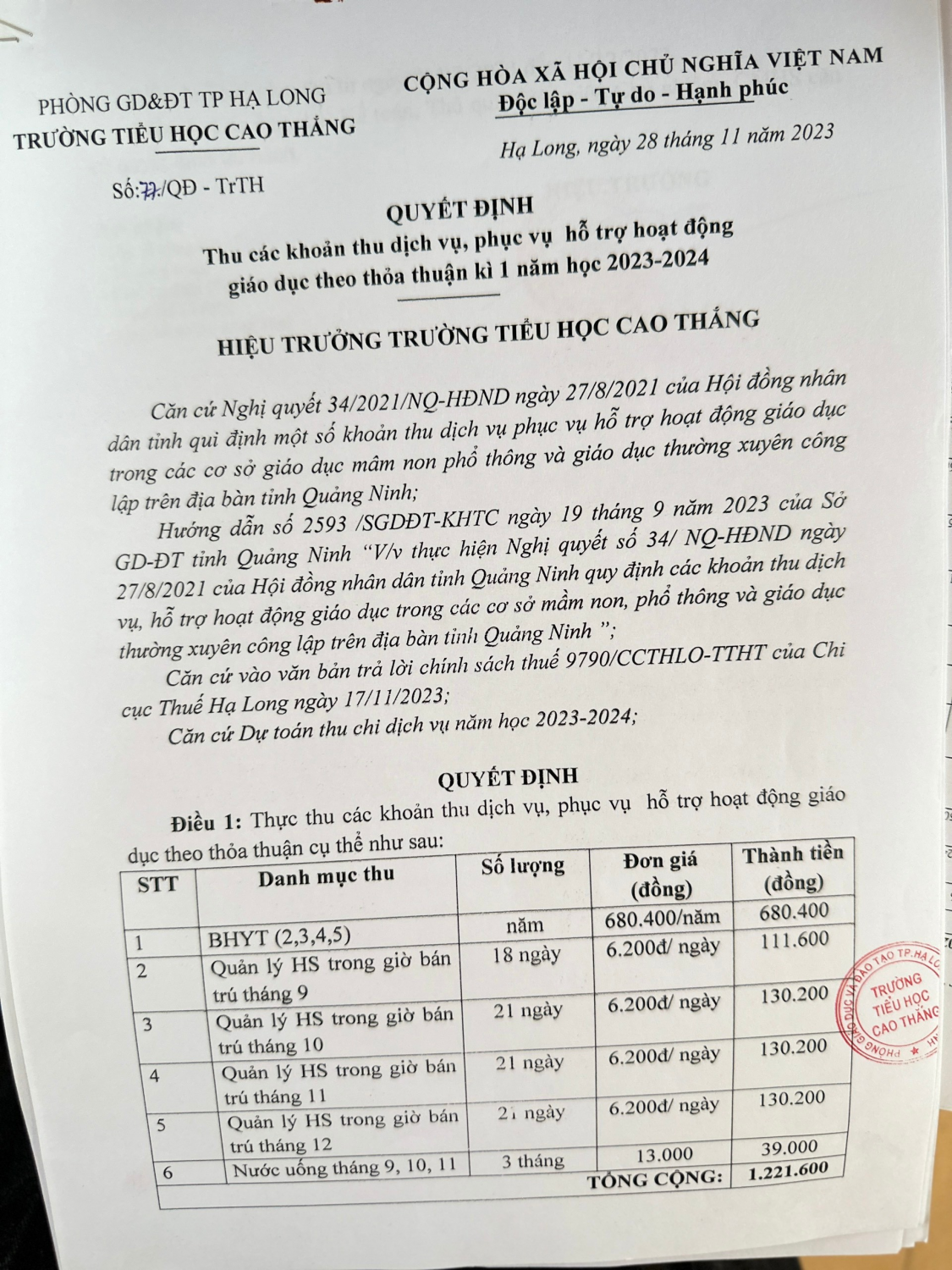 Công khai dịch vụ năm học 2023-2024