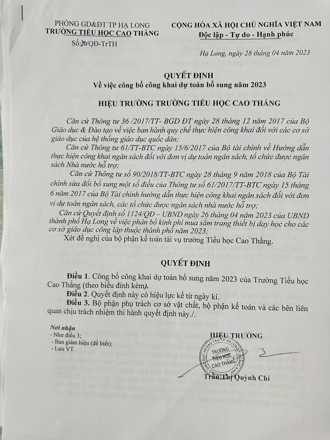 Công khai dự toán bổ sung tháng 4/2023