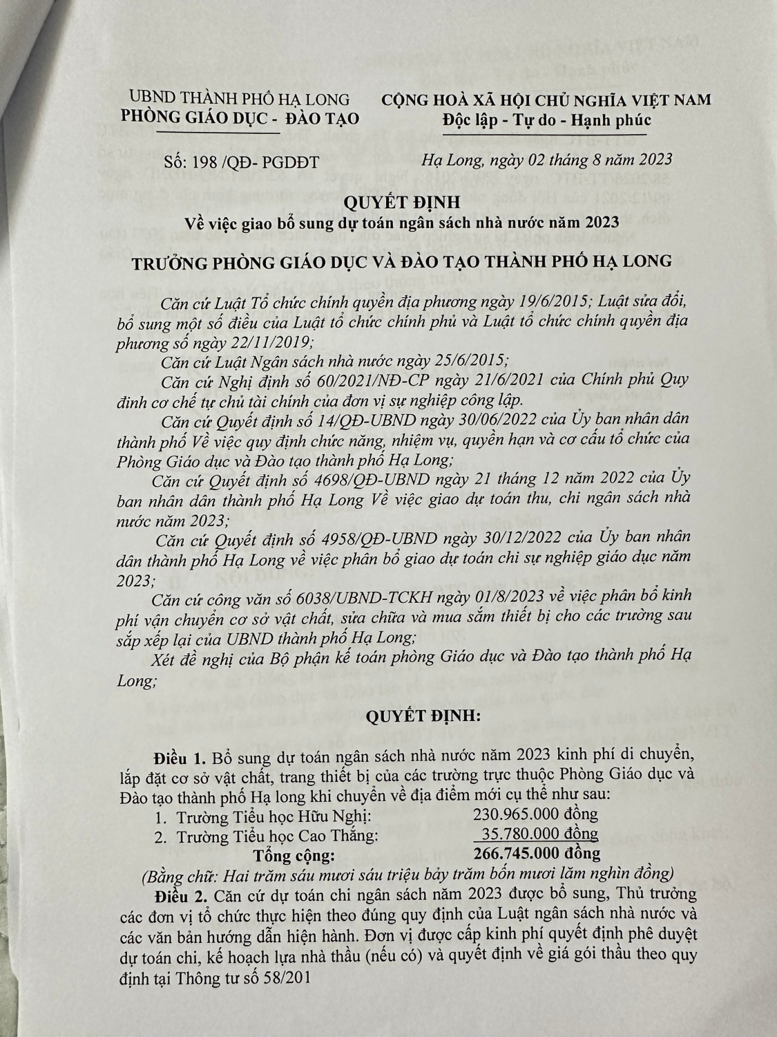 Giao bổ sung dự toán ngân sách nhà nước năm 2023