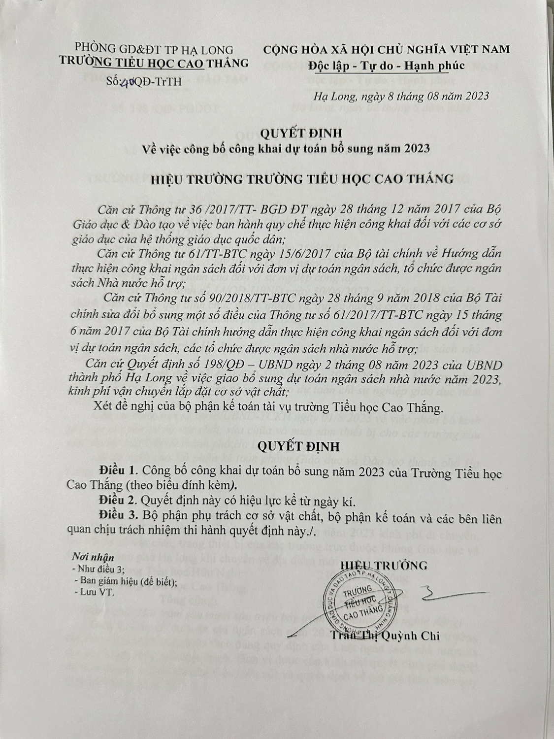 Công khai dự toán bổ sung tháng 8/2023 theo quyết định số 40/QĐ-TrTH