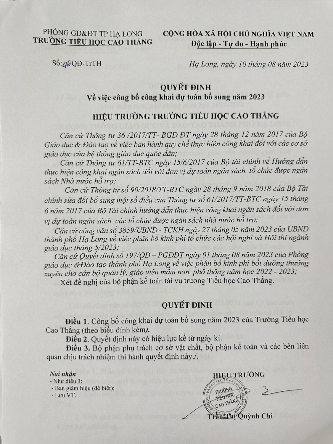 Công khai dự toán bổ sung tháng 8/2023 theo quyết định số 46/QĐ-TrTH