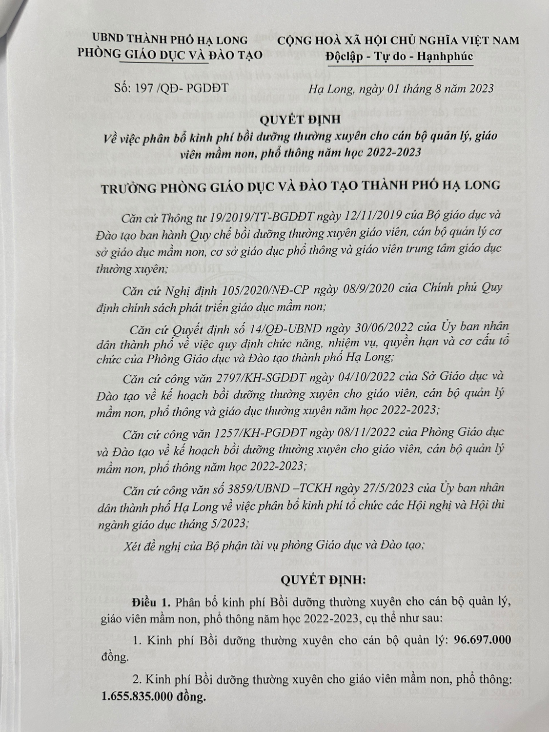 Phân bổ kinh phí bồi dưỡng thường xuyên cho cán bộ quản lý, giáo viên mầm non, phổ thông năm học 2022-2023