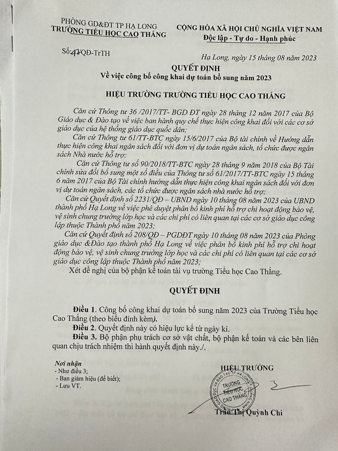 Công khai dự toán bổ sung tháng 8/2023 theo quyết định số 47/QĐ-TrTH