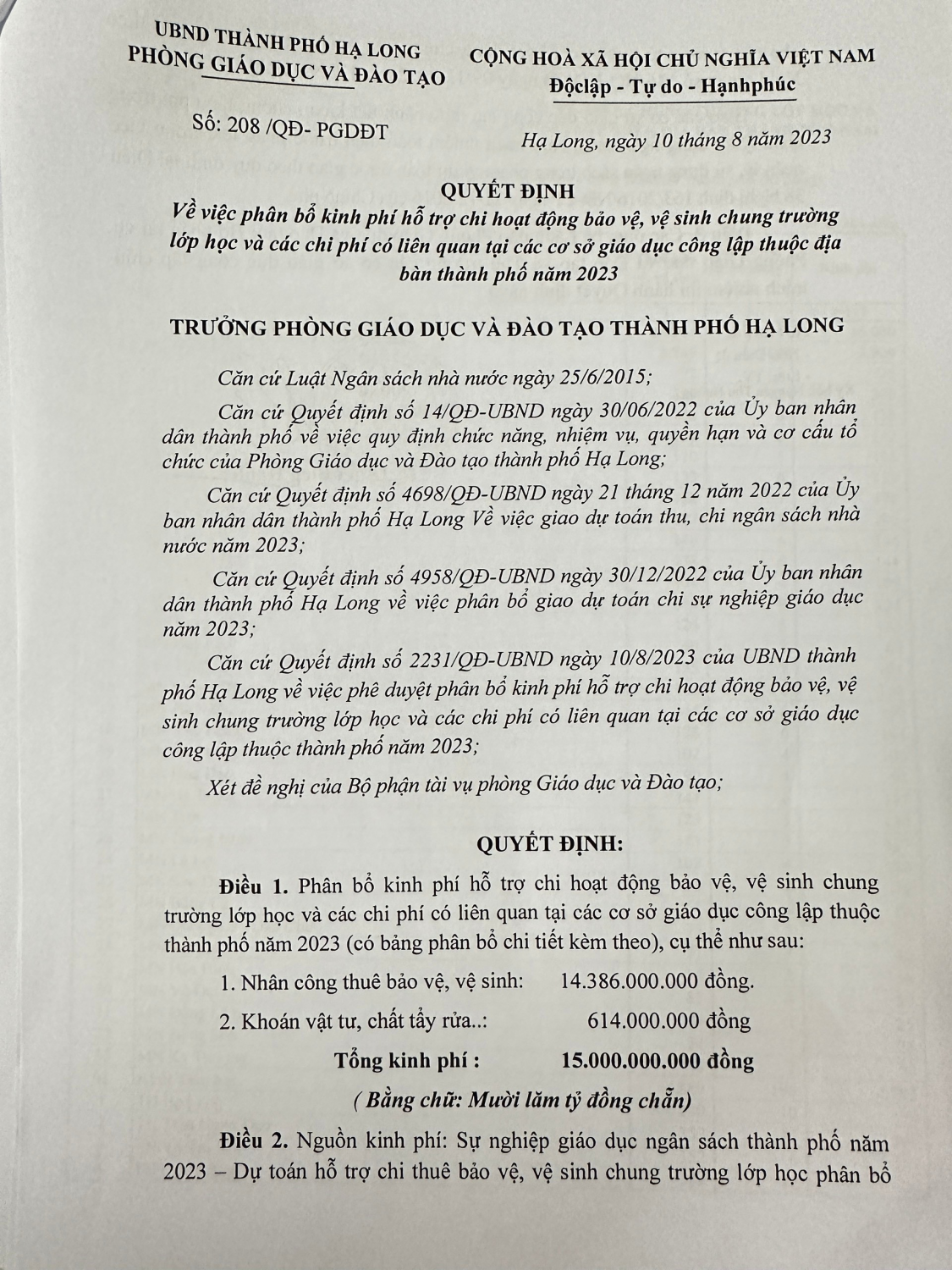 Phân bổ kinh phí hỗ trợ chi hoạt động bảo vệ, vệ sinh chung trường lớp học và các chi phí có liên quan năm 2023