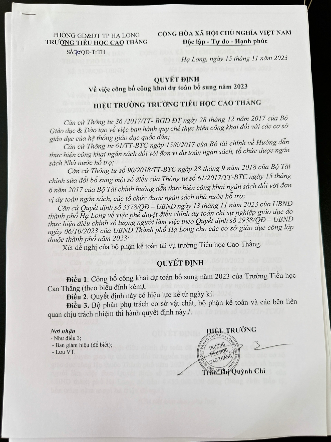 Công khai dự toán bổ sung tháng 11/2023