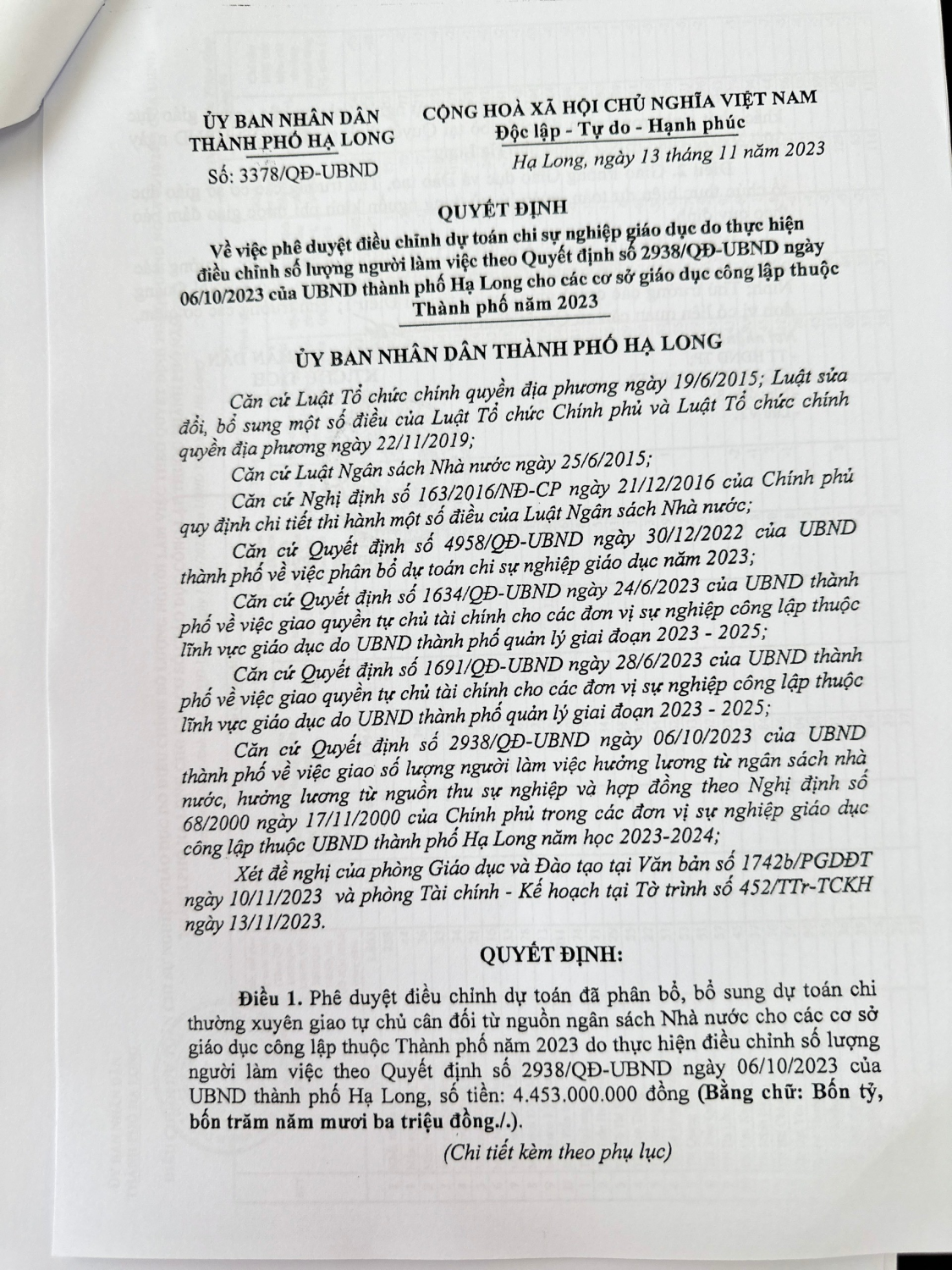 Phê duyệt điều chỉnh dự toán chi sự nghiệp giáo dục do thực hiện điều chỉnh số lượng người làm việc theo Quyết định số 2938/QĐ-UBND ngày 06/10/2023 của UBND thành phố Hạ Long