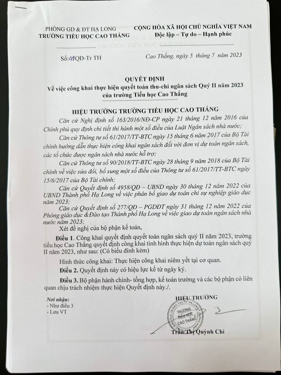 Công khai thực hiện quyết toán thu-chi ngân sách Quý II năm 2023