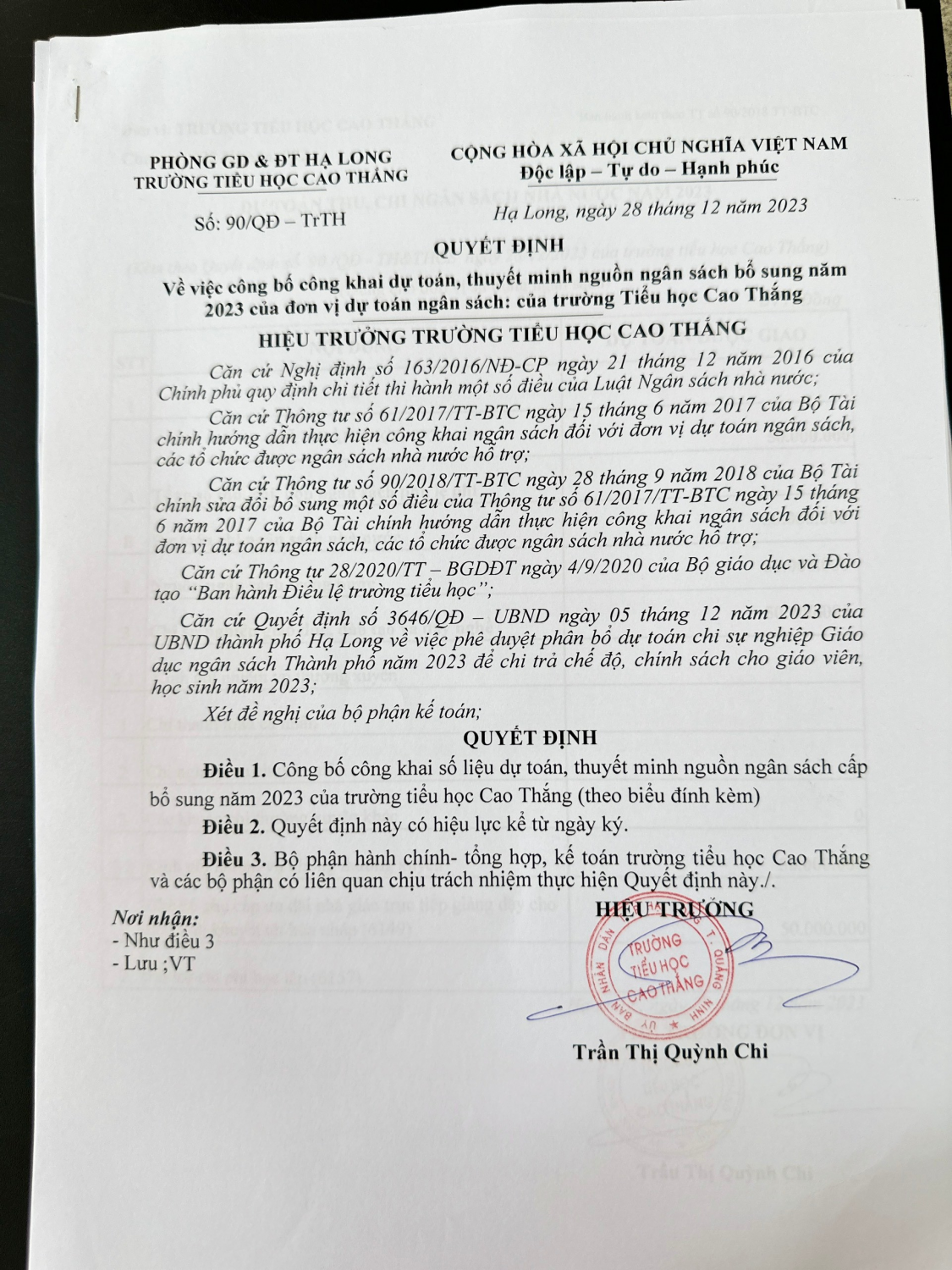 Công khai dự toán, thuyết minh nguồn ngân sách bổ sung năm 2023 theo quyết định số 90/QĐ-TrTH