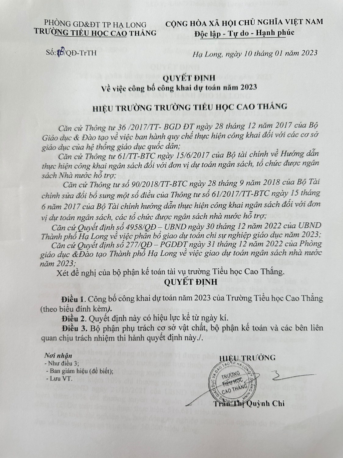 Quyết định công khai dự toán năm 2023