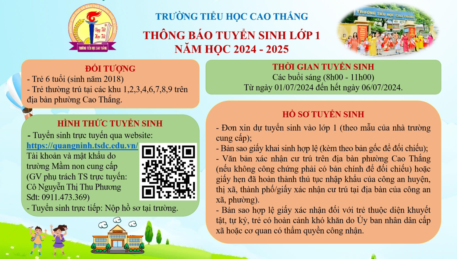 THÔNG BÁO TUYỂN SINH LỚP 1 NĂM HỌC 2024-2025