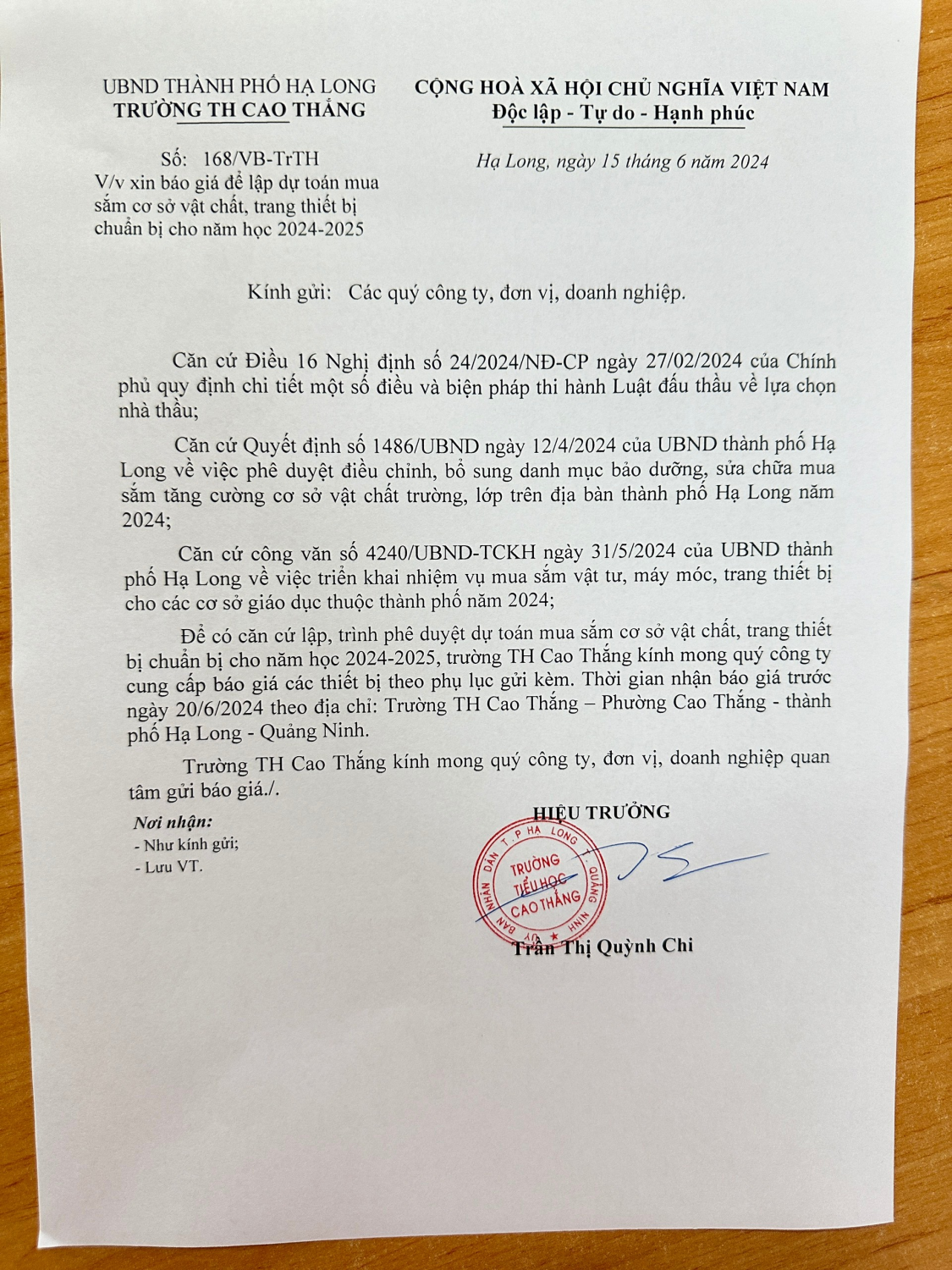 Báo giá để lập dự toán mua sắm cơ sở vật chất, trang thiết bị chuẩn bị cho năm học 2024-2025