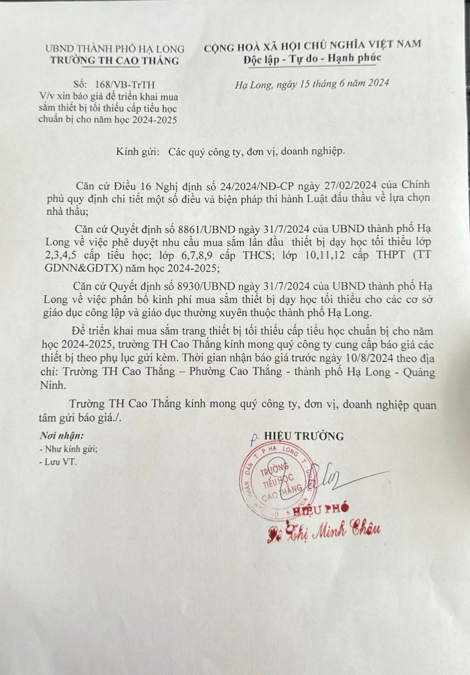 KÍNH MỜI CÁC ĐƠN VỊ BÁO GIÁ