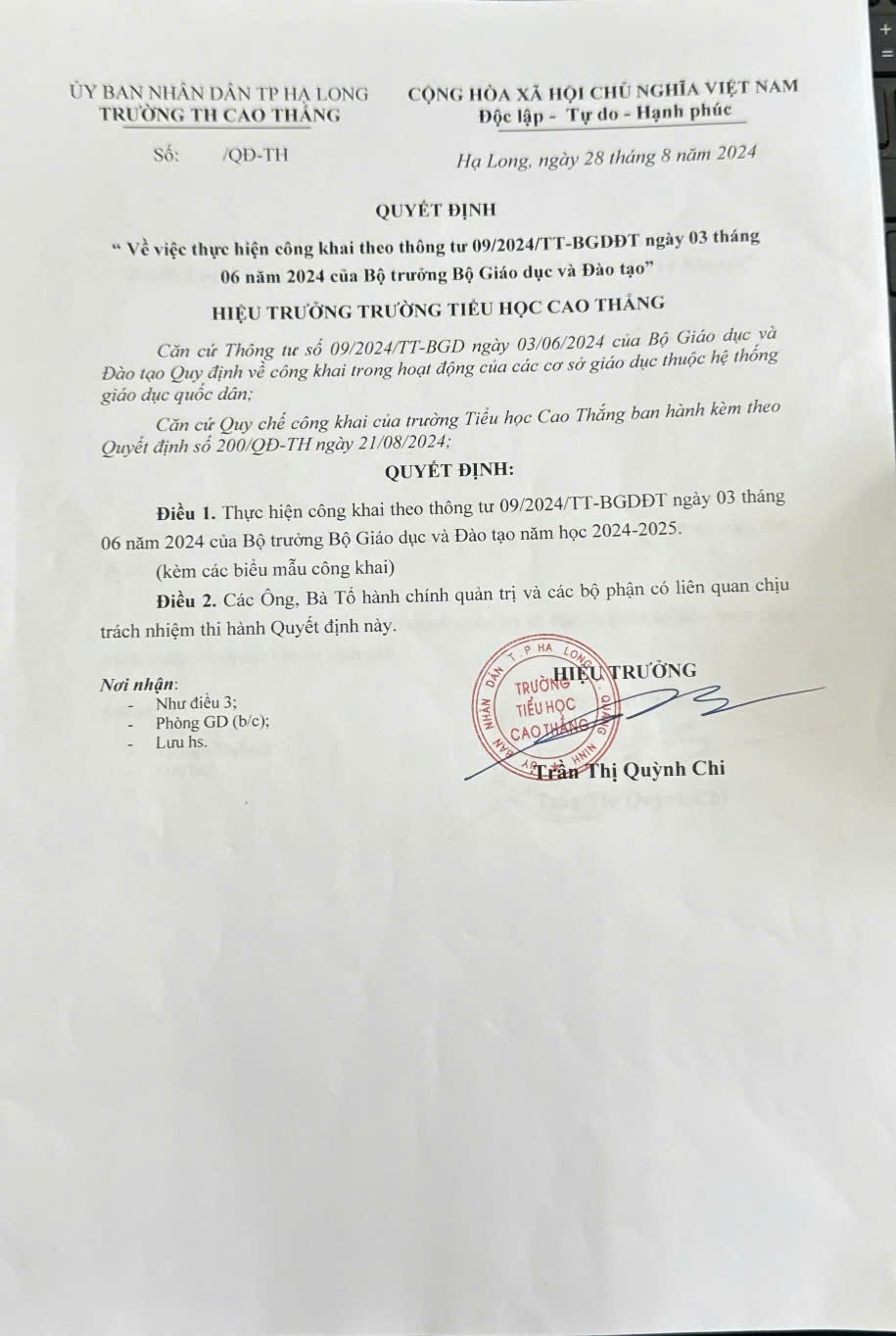 Công khai theo Thông tư 09 năm học 2024-2025